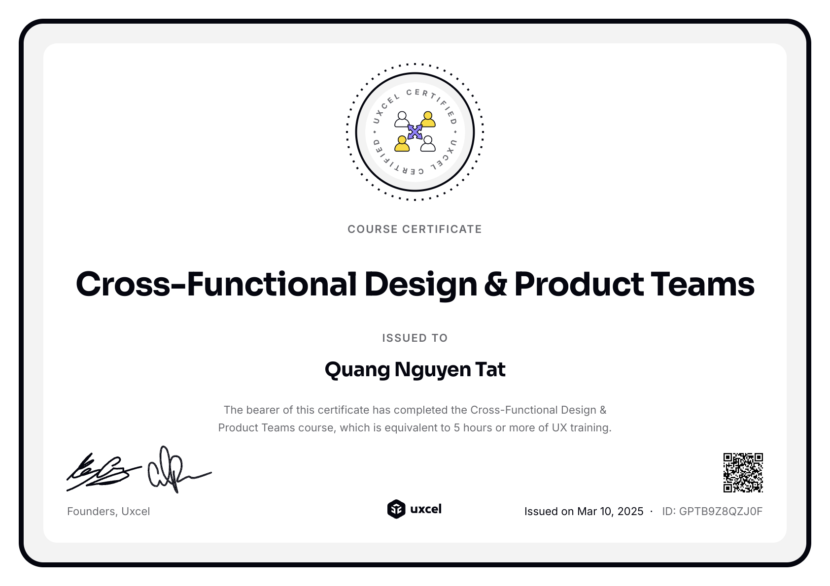 Quang Nguyen Tat's certificate